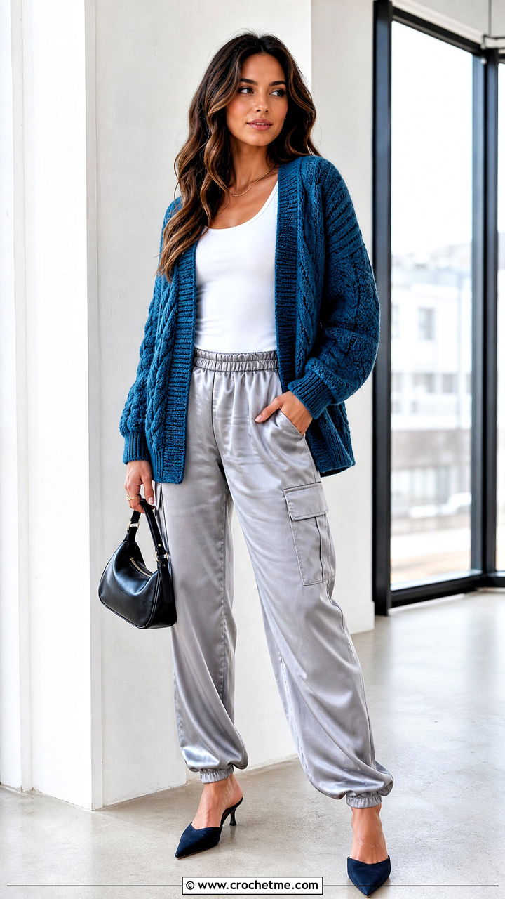 Cable Textured Crochet Cardigan With Satin Cargo Pants - 35 crochet cardigans outfit ideas
