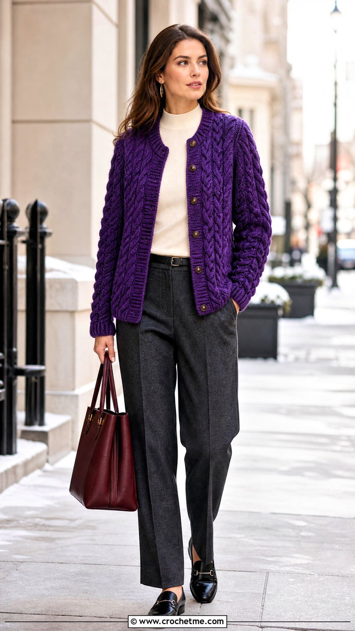 Cable Textured Crochet Cardigan With Wool Trousers - 35 cute crochet cardigan outfit ideas