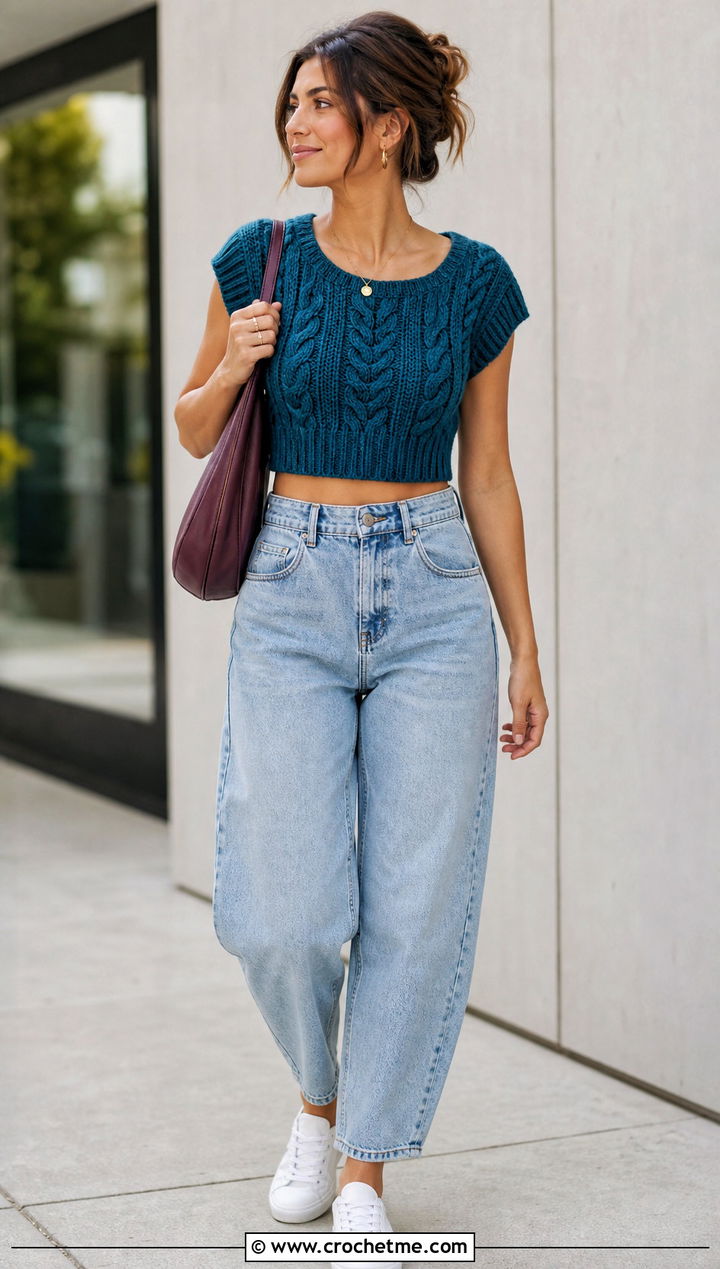 Cable Textured Crochet Crop Top With Barrel Jeans - 30 cute crochet crop top outfit ideas