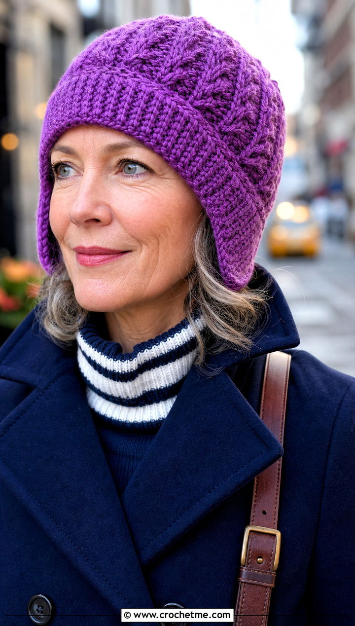 Cable Textured Crochet Ear Flap Hat With Preppy Coat - 30 crochet adult ear flap hat outfit ideas