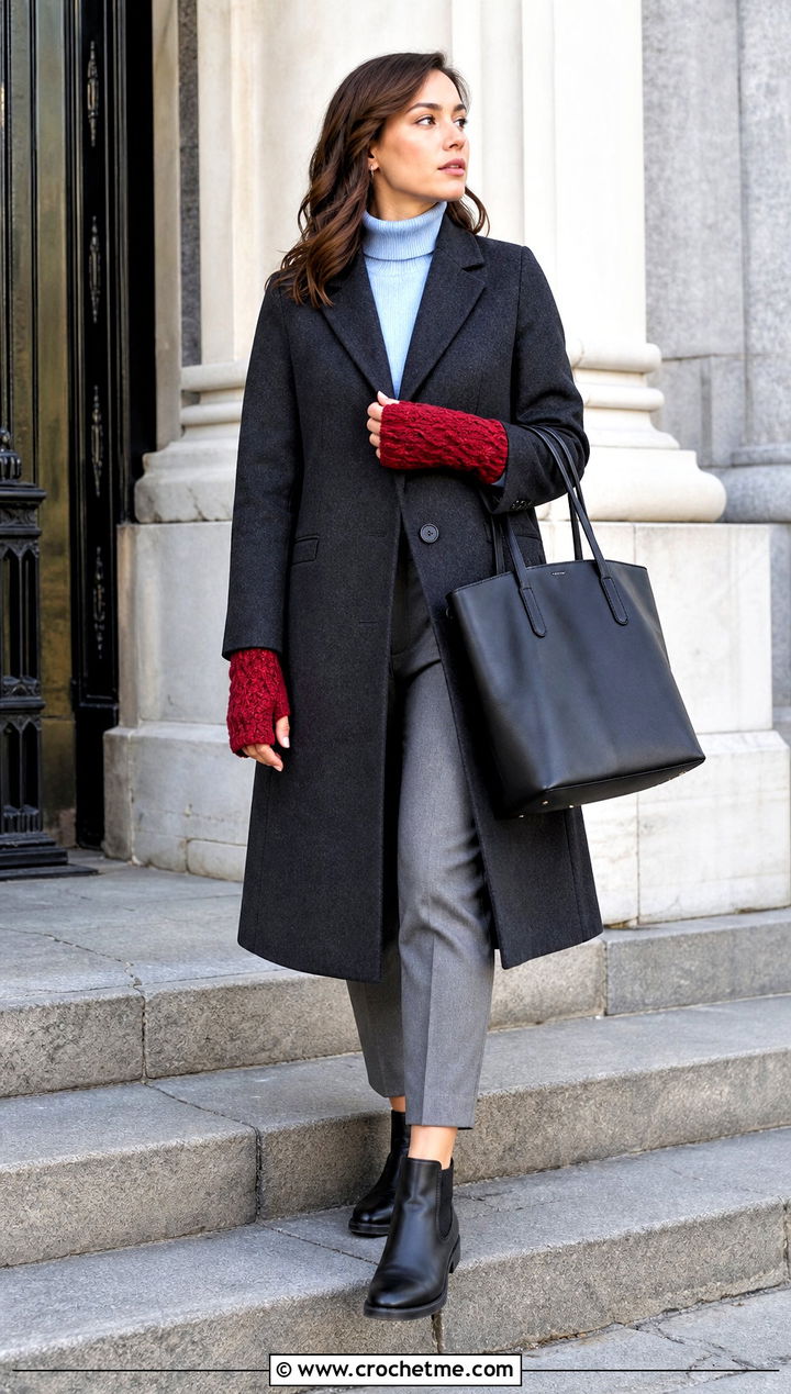 Cable Textured Crochet Handwarmers With A Wool Coat - 35 crochet handwarmers outfit ideas