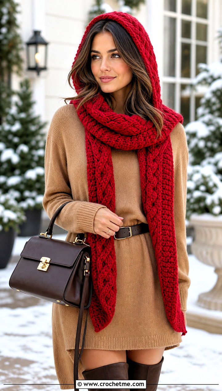 Cable Textured Crochet Hooded Scarf With Sweater Dress Outfit - 30 crochet scarf with hood outfit ideas