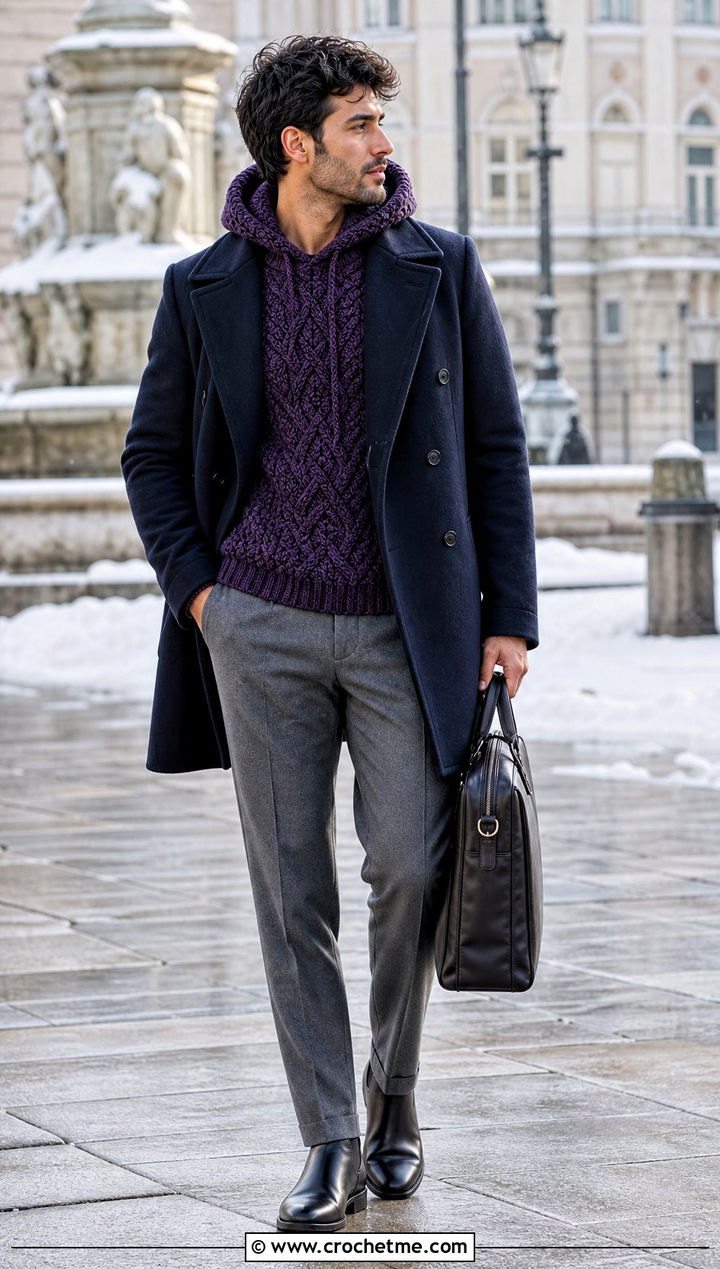 Cable Textured Crochet Hoodie With Peacoat And Flannel Trousers - 25 Crochet Hoodie Men outfit ideas
