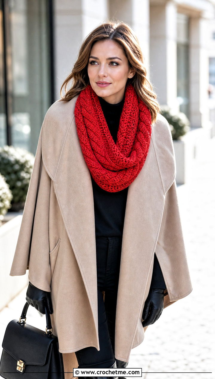 Cable Textured Crochet Infinity Scarf With Cape Coat - 30 crochet infinity scarves outfit ideas