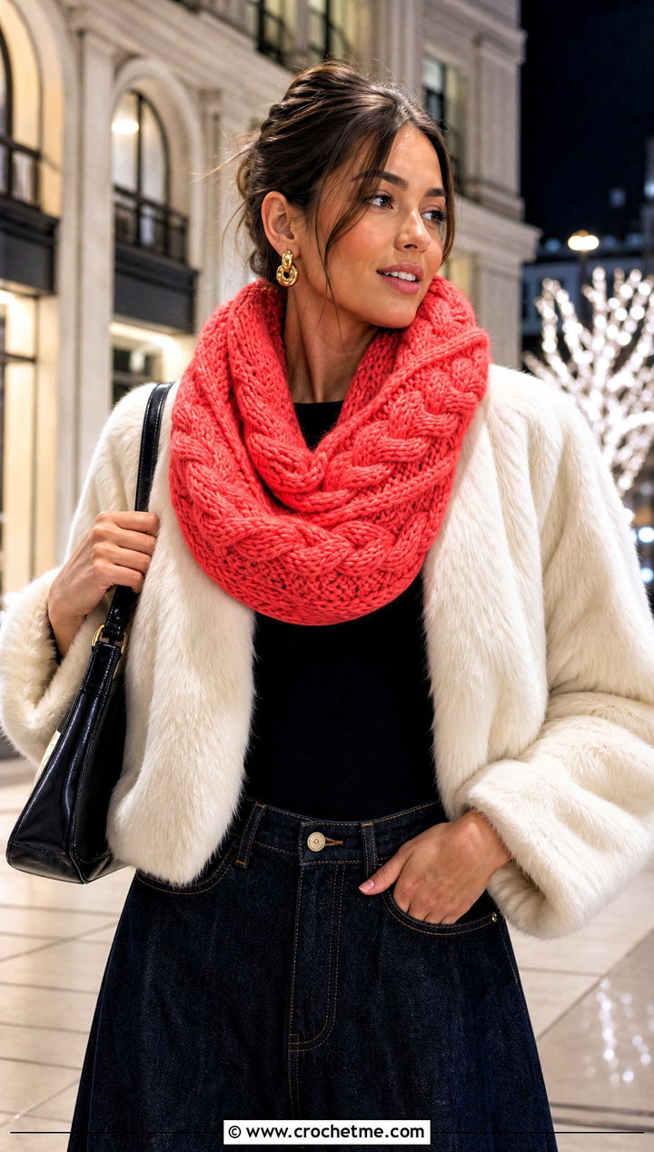 Cable Textured Crochet Infinity Scarf With Faux Fur Coat And Dark Denim - 15 Oversized Crochet Infinity Scarf outfit ideas