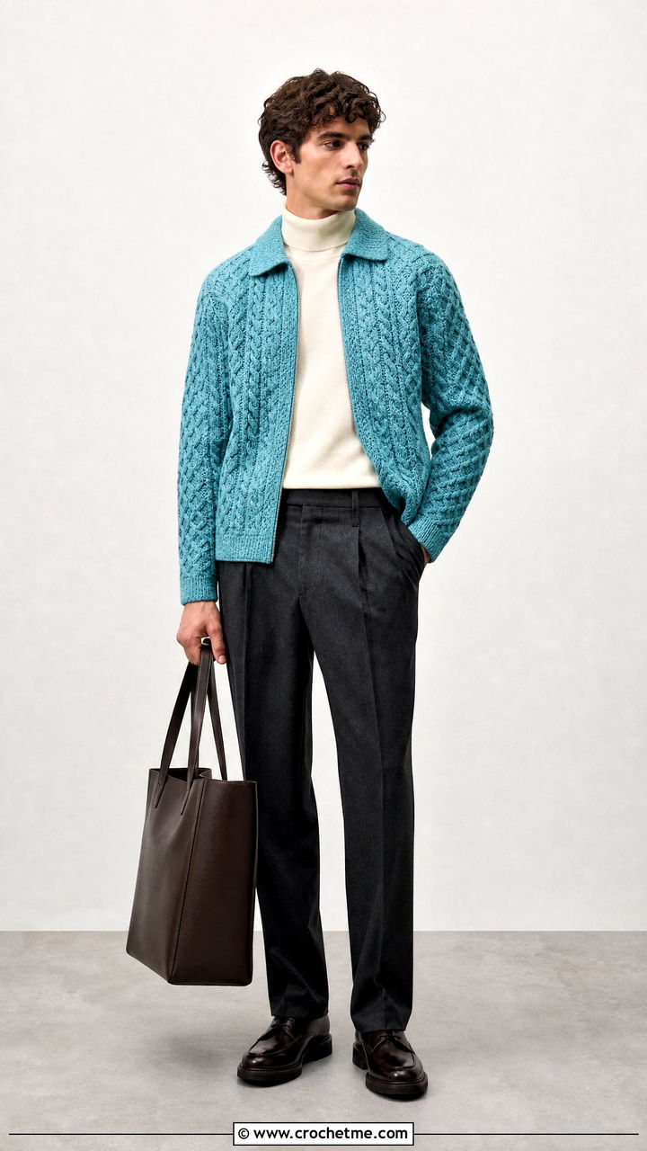 Cable Textured Crochet Jacket With Wool Trousers - 35 crochet jacket for men outfit ideas