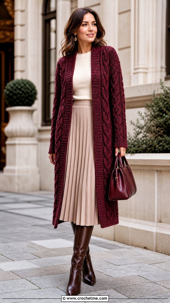 Cable Textured Crochet Long Cardigan With Pleated Skirt - 35 crochet long cardigan outfit ideas