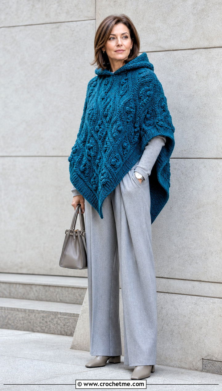 Cable Textured Crochet Poncho With Hood And Pleated Trousers - 35 crochet poncho with hood outfit ideas