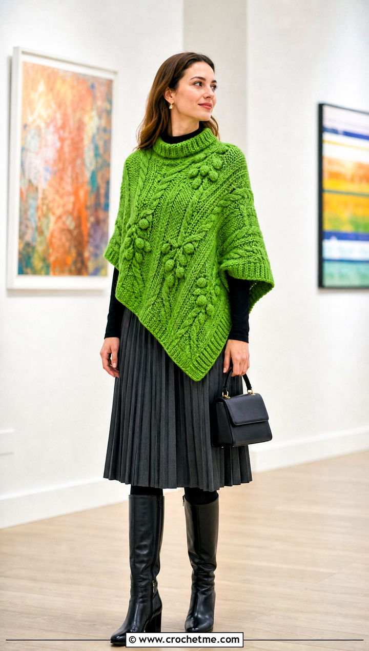 Cable Textured Crochet Poncho With Pleated Midi Skirt - 30 woman winter crochet poncho outfit ideas