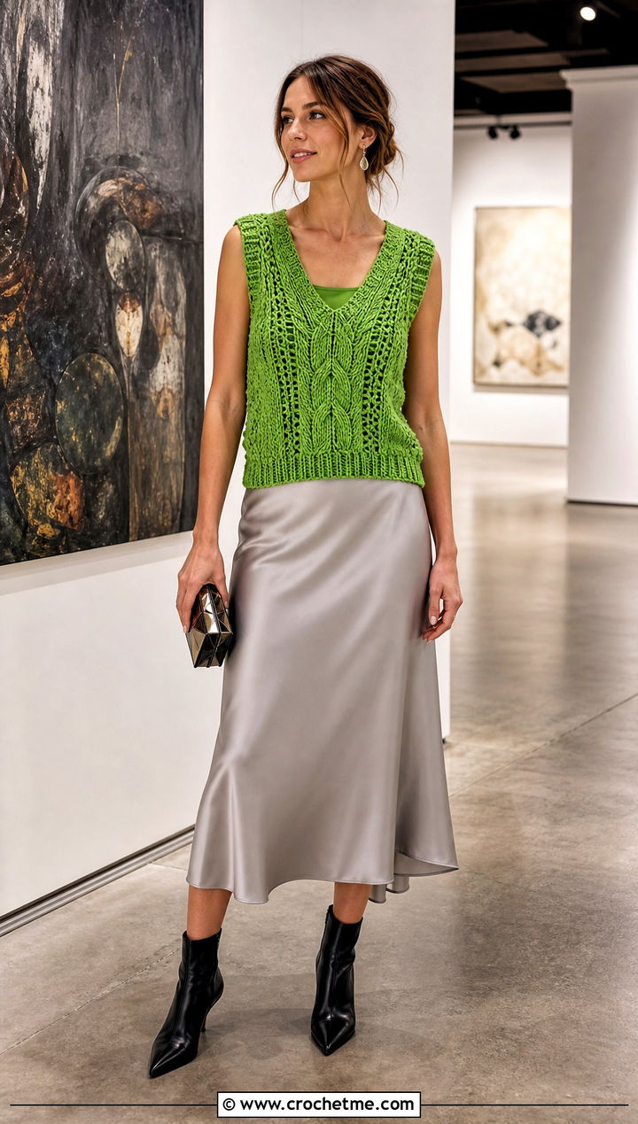 Cable Textured Crochet Pullover Vest With Satin Slip Skirt - 15 crochet pullover vest outfit ideas