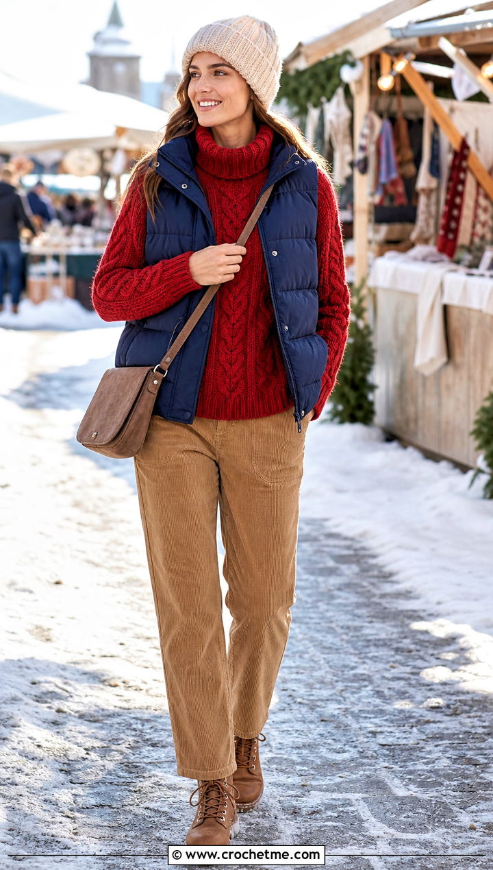 Cable Textured Crochet Roll Neck Sweater With a Puffer Vest - 20 Crochet Roll Neck Sweater outfit ideas