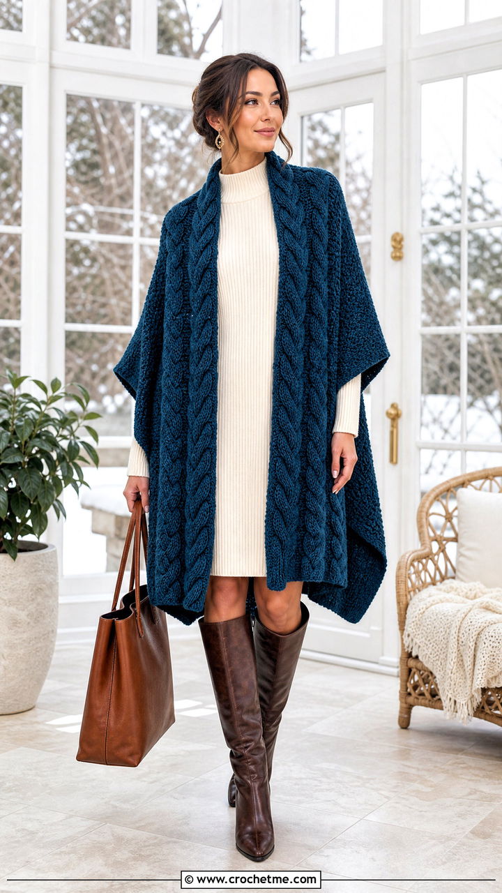 Cable Textured Crochet Ruana With Sweater Dress - 35 crochet ruana outfit ideas