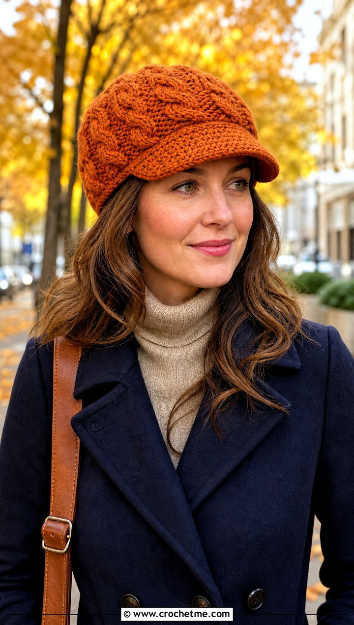 Cable Textured Crochet Scally Cap With Peacoat And Corduroy Pants - 25 Crochet Scally Cap outfit ideas