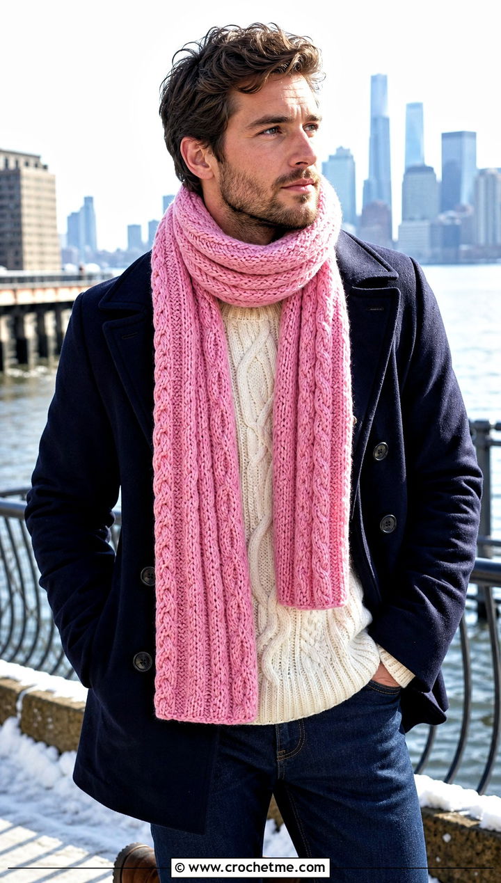 Cable Textured Crochet Scarf With Peacoat - 30 easy crochet scarf men outfit ideas