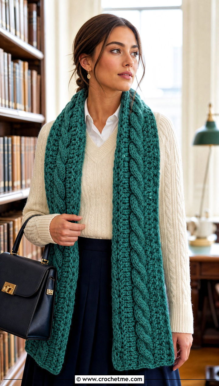 Cable Textured Crochet Scarf With Preppy Outfit - 20 Crochet Textured Scarf outfit ideas