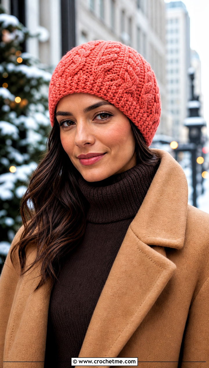 Cable Textured Crochet Stocking Cap With Sweater Dress - 30 crochet stocking cap outfit ideas