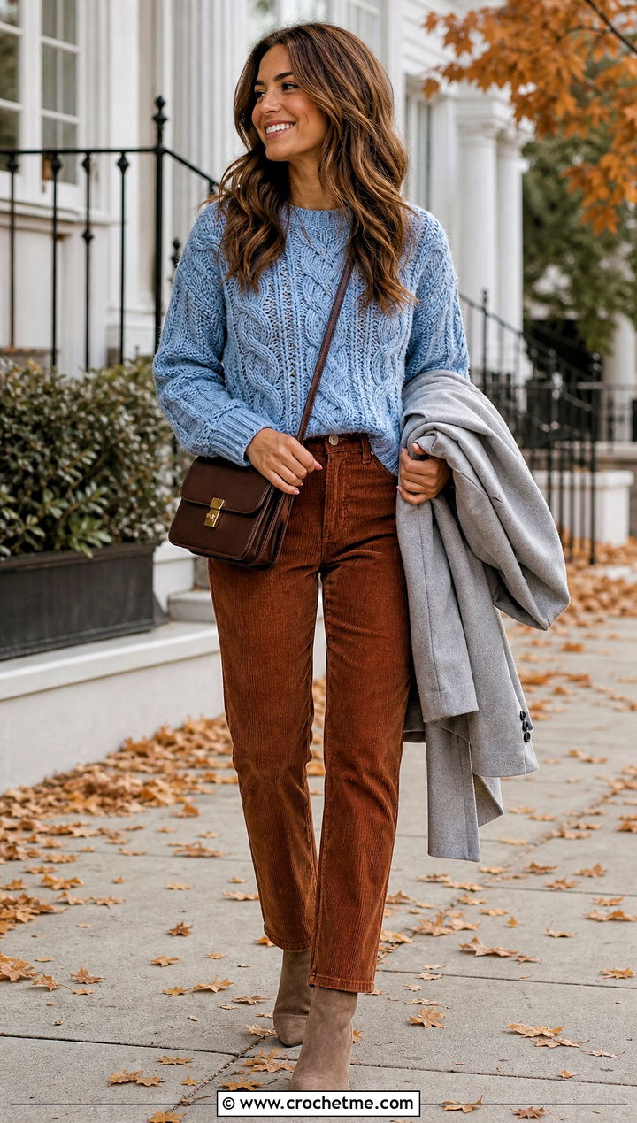 Cable Textured Crochet Sweater With Corduroy Pants - 30 crochet women sweater outfit ideas