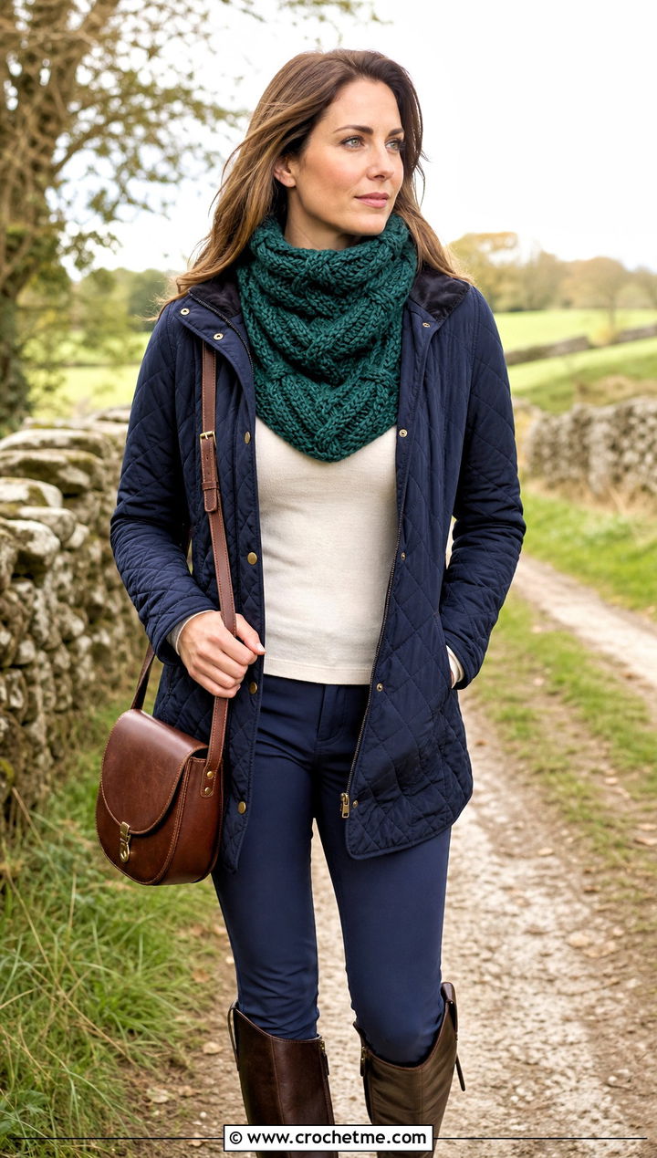 Cable Textured Crochet Turtleneck Cowl With Equestrian Outfit - 25 Crochet Turtleneck Cowl outfit ideas