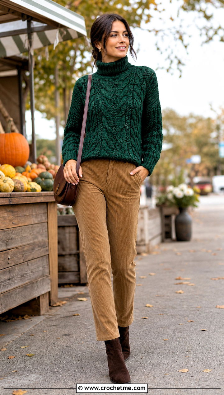 Cable Textured Crochet Turtleneck Sweater With Corduroy Pants - 30 crochet turtleneck sweater outfit ideas