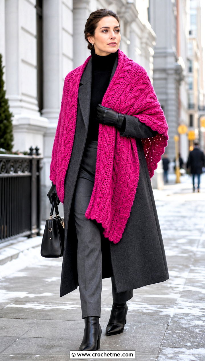 Cable Textured Crochet Wrap With Wool Coat And Trousers - 30 simple crochet shawls and wraps outfit ideas