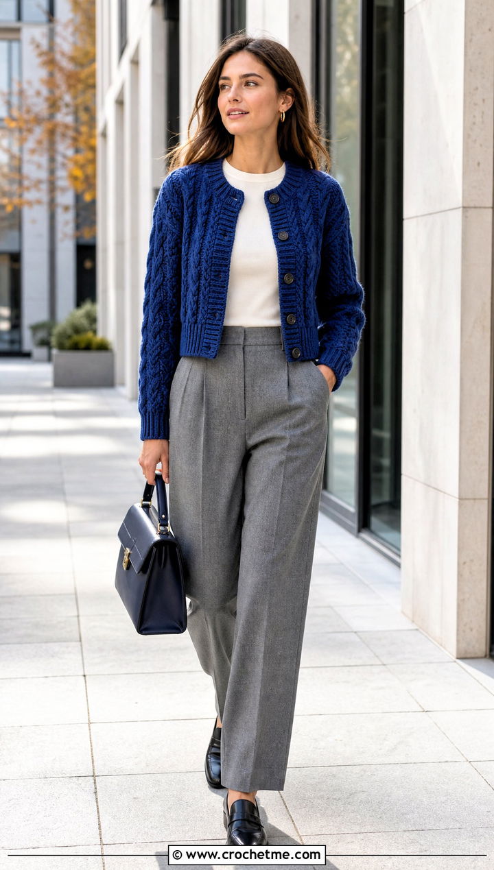Cable Textured Cropped Crochet Cardigan With Wool Trousers - 35 cropped crochet cardigan outfit ideas