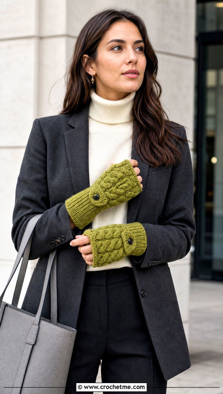 Cable Textured Foldover Crochet Gloves With Blazer - 15 Convertible Crochet Fingerless Gloves outfit ideas