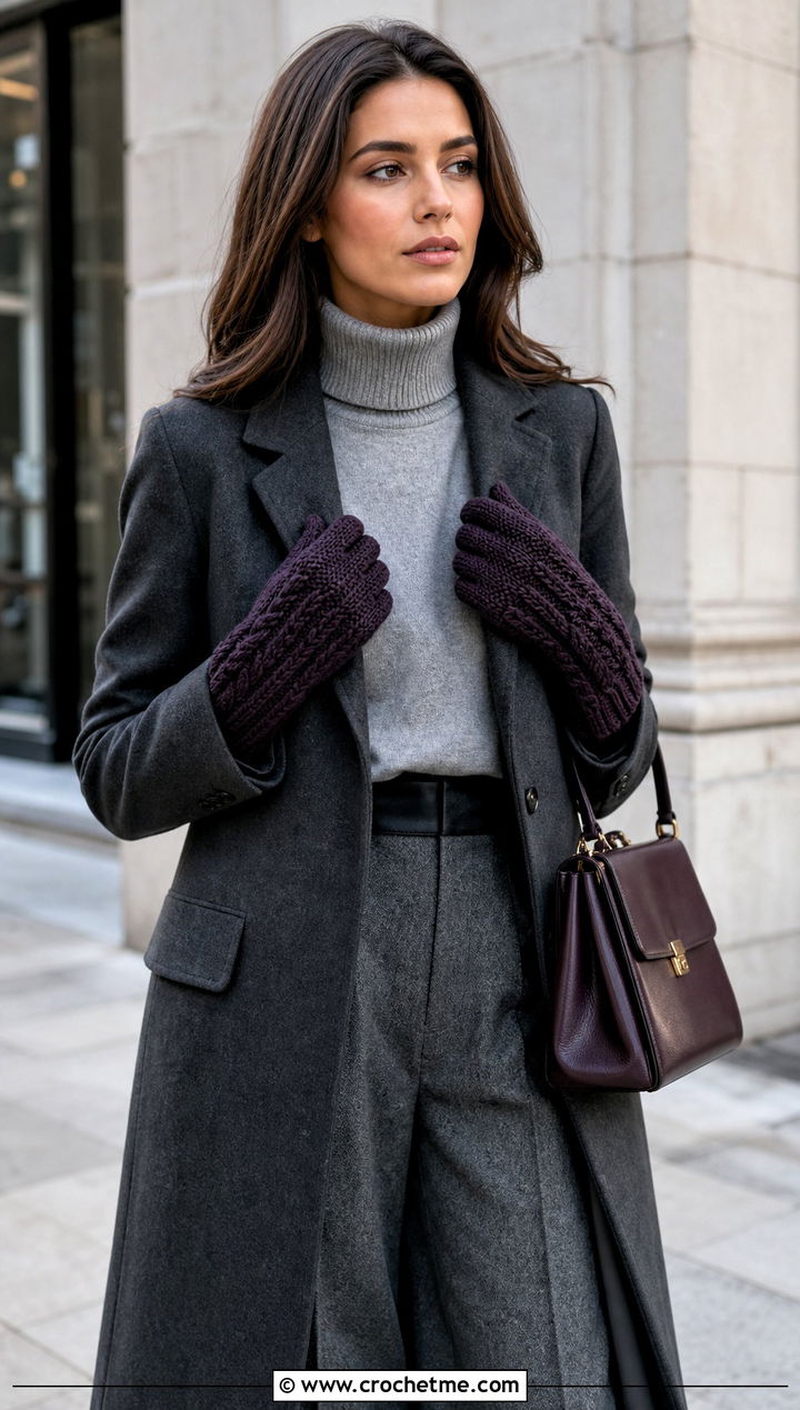 Cable Textured Full Finger Crochet Gloves With Tailored Coat - 15 Crochet Fingered Gloves outfit ideas