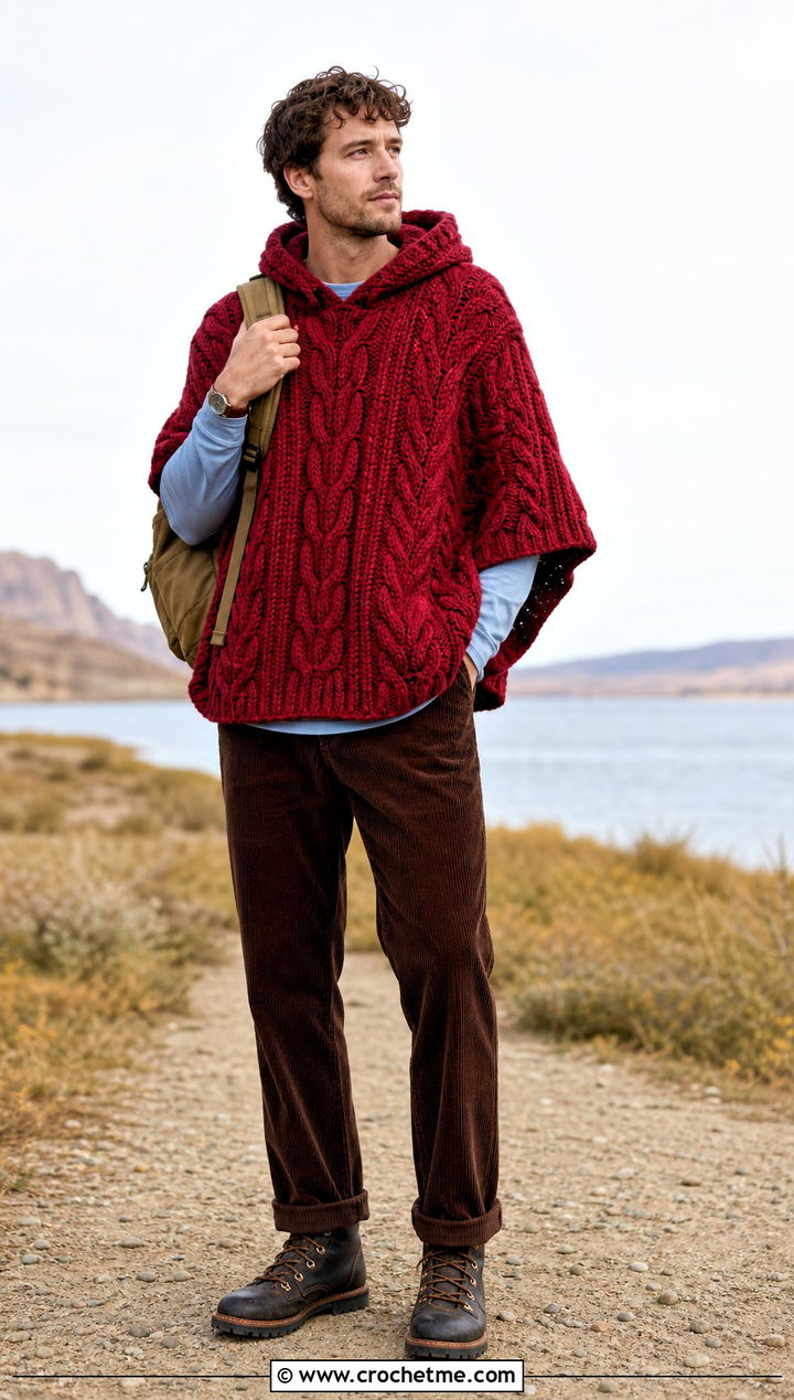 Cable Textured Hooded Crochet Poncho With Corduroy Pants - 15 mens hooded crochet poncho outfit ideas
