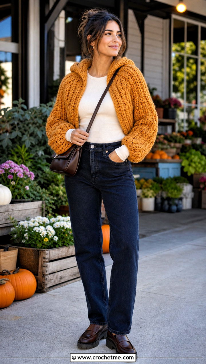 Cable Textured Hooded Crochet Shrug With Straight Leg Jeans - 25 hooded crochet shrug outfit ideas
