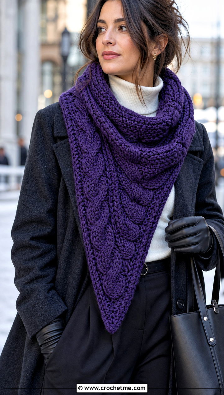 Cable Textured Hooded Triangle Crochet Scarf With Wool Coat - 25 Hooded Triangle Crochet Scarf outfit ideas