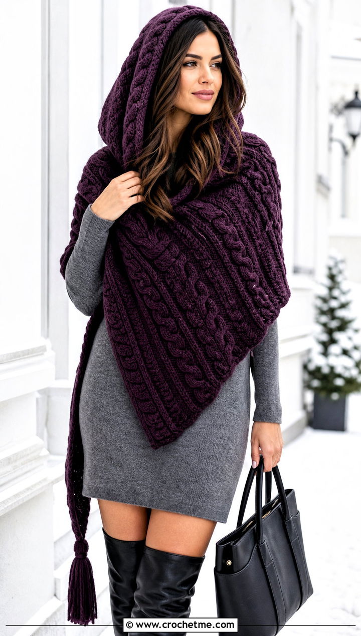 Cable Textured Hooded Triangle Crochet Shawl With Sweater Dress - 25 Hooded Triangle Crochet Shawl outfit ideas