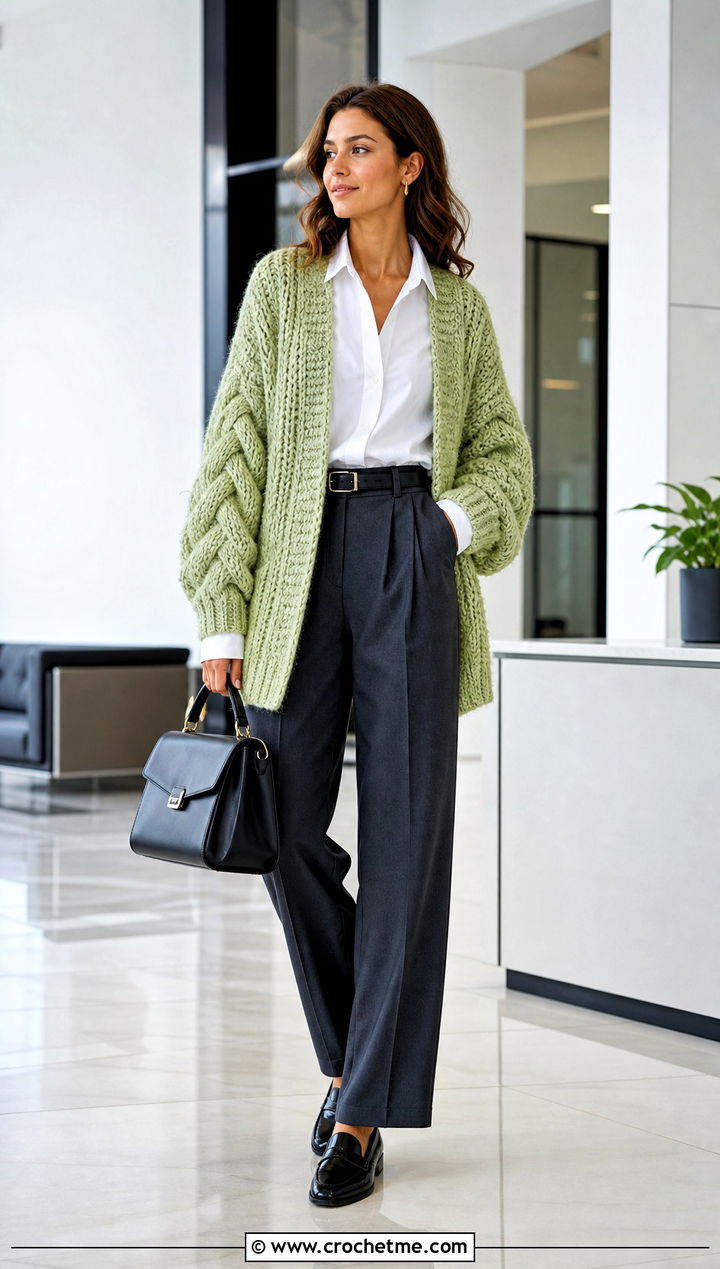 Cable Textured Oversized Chunky Crochet Cardigan With Suit Trousers - 25 oversized chunky crochet cardigan outfit ideas