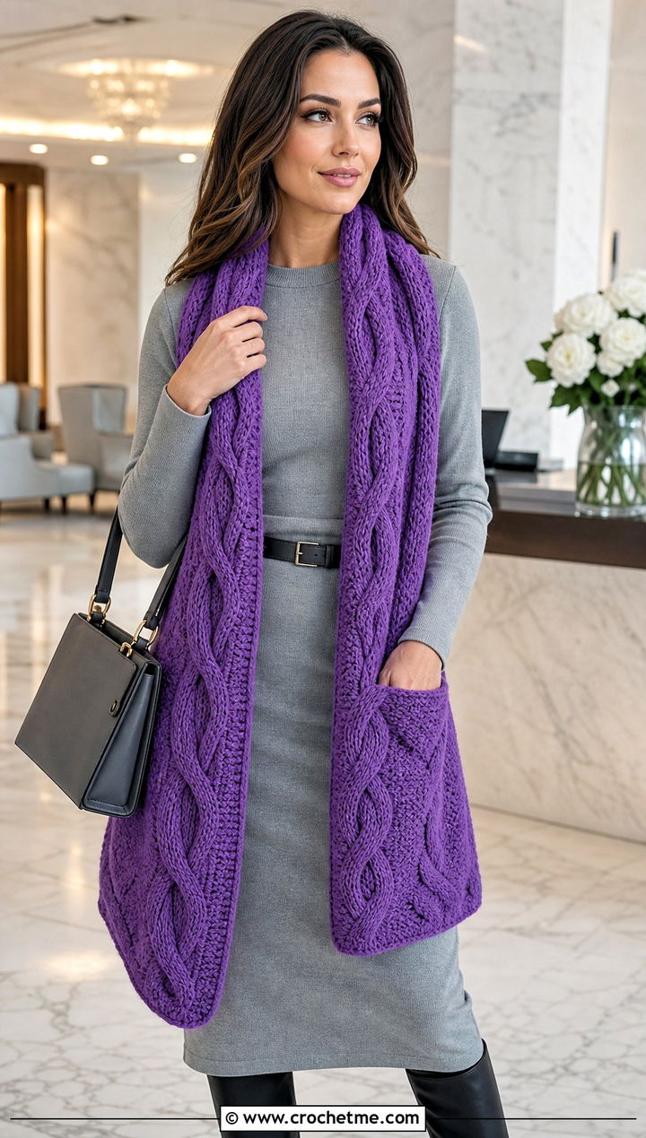Cable Textured Pocket Scarf With Sweater Dress - 25 crochet pocket scarves outfit ideas