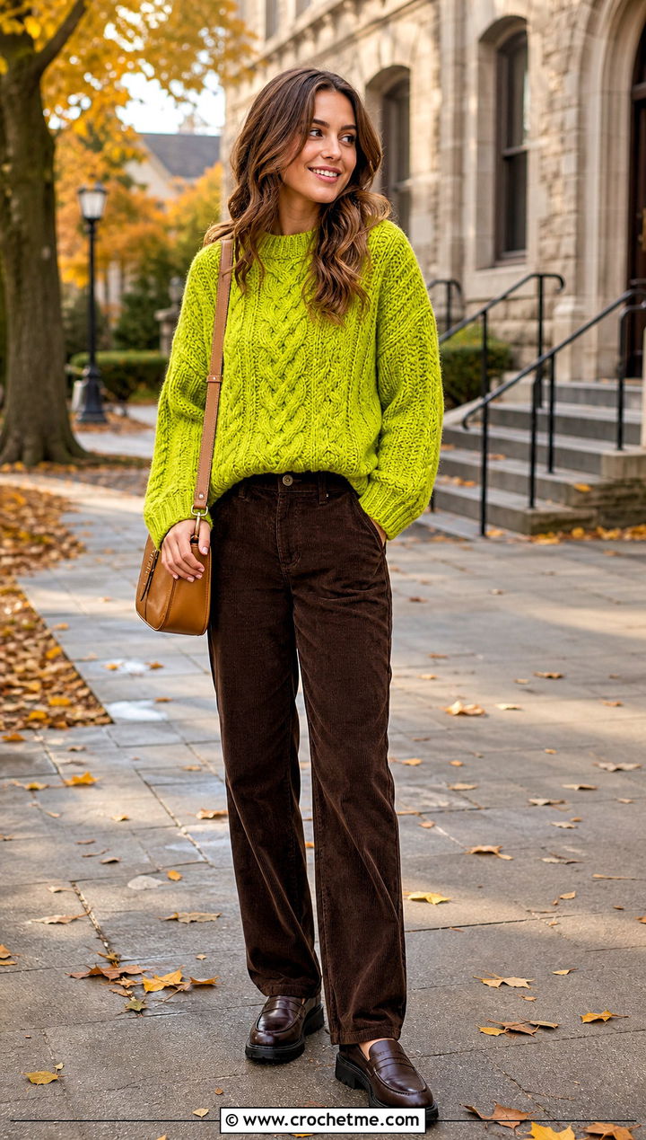 Cable Textured Pullover Crochet Sweater With Corduroy Pants - 30 Pullover Crochet Sweater outfit ideas