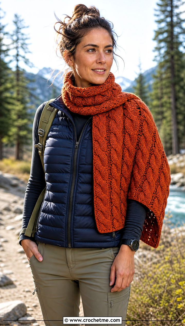 Cable Textured Rectangular Crochet Shawl With Puffer Vest - 30 rectangular crochet shawls outfit ideas