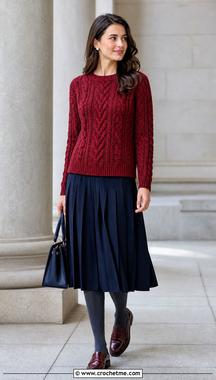 Cable Textured Rustic Red Crochet Sweater With Pleated Skirt - 15 rustic red crochet sweater outfit ideas