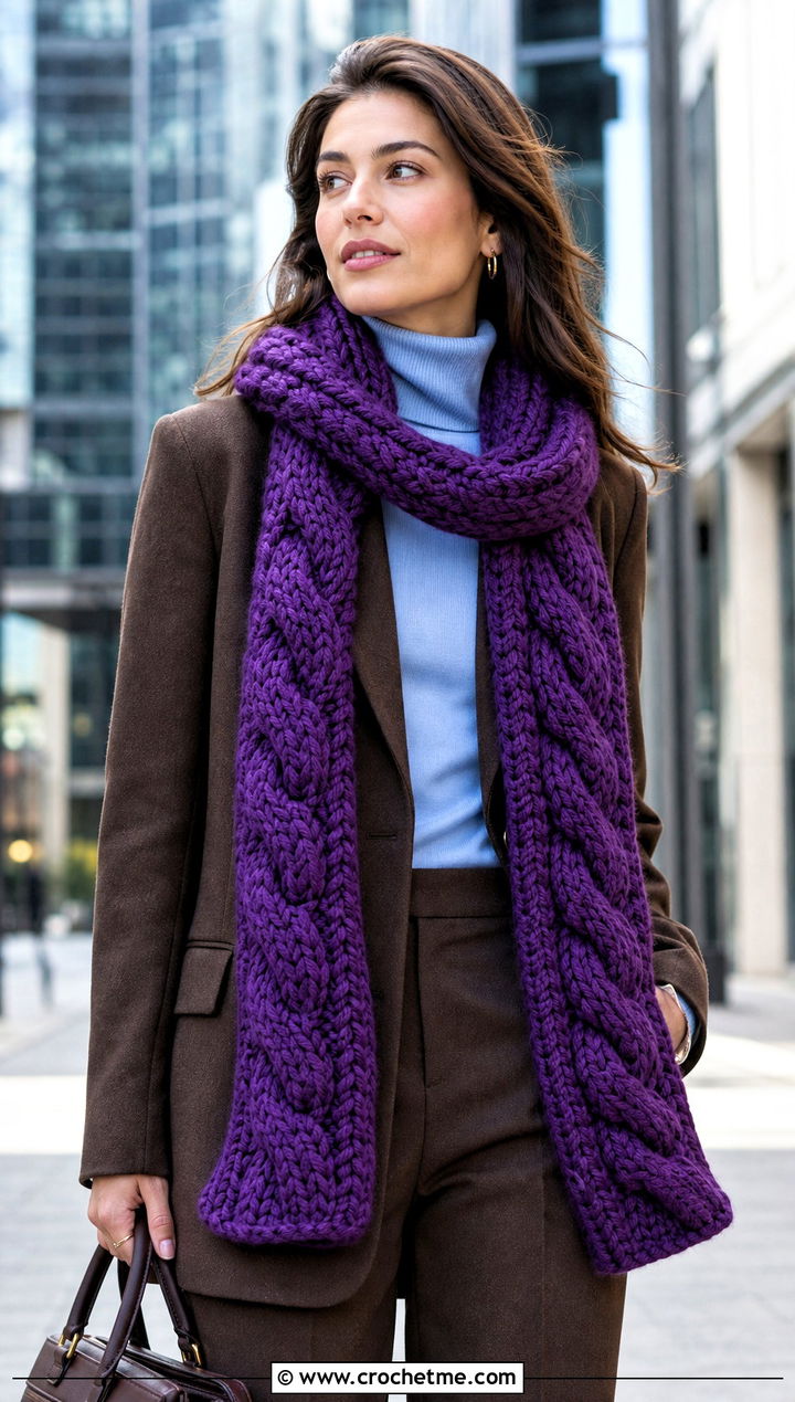 Cable Textured Super Chunky Crochet Scarf With Wool Suit - 25 Super Chunky Crochet Scarf outfit ideas
