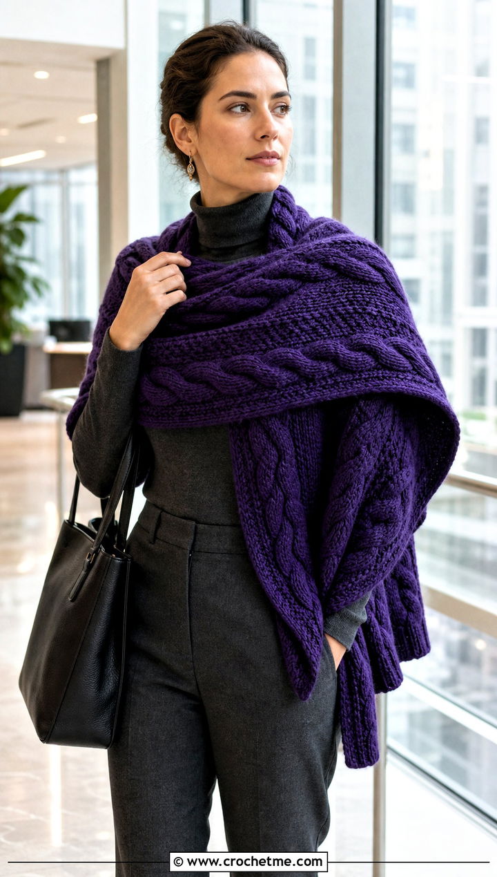 Cable Textured Sweater Scarf With Wool Trousers - 20 crochet scarf with arms outfit ideas
