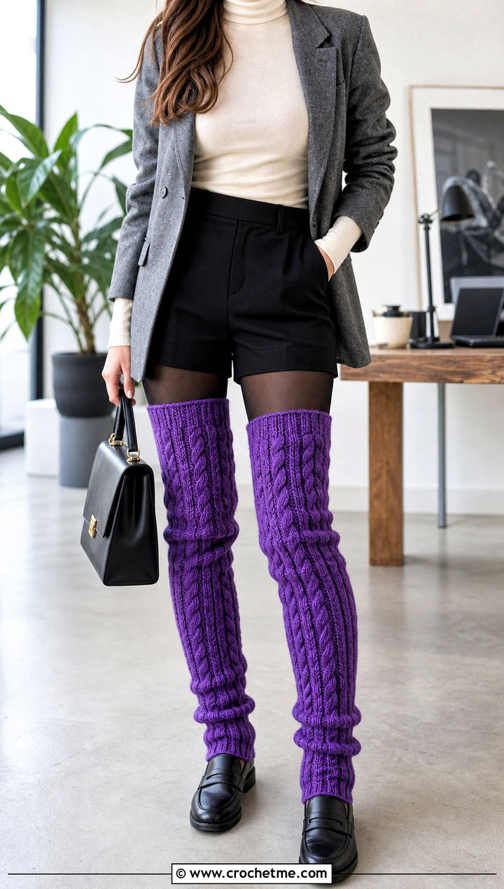 Cable Textured Thigh High Crochet Leg Warmers With Tailored Shorts - 25 Thigh High Crochet Leg Warmers outfit ideas