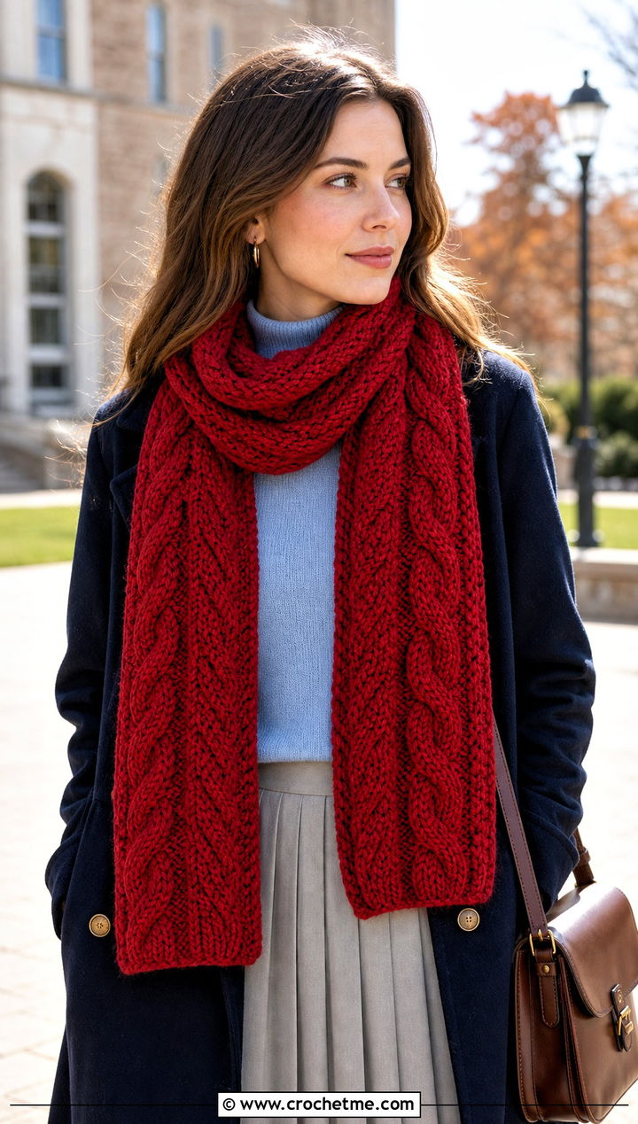 Cable Textured Wide Scarf With Peacoat And Pleated Skirt - 20 Crochet Wide Scarf outfit ideas