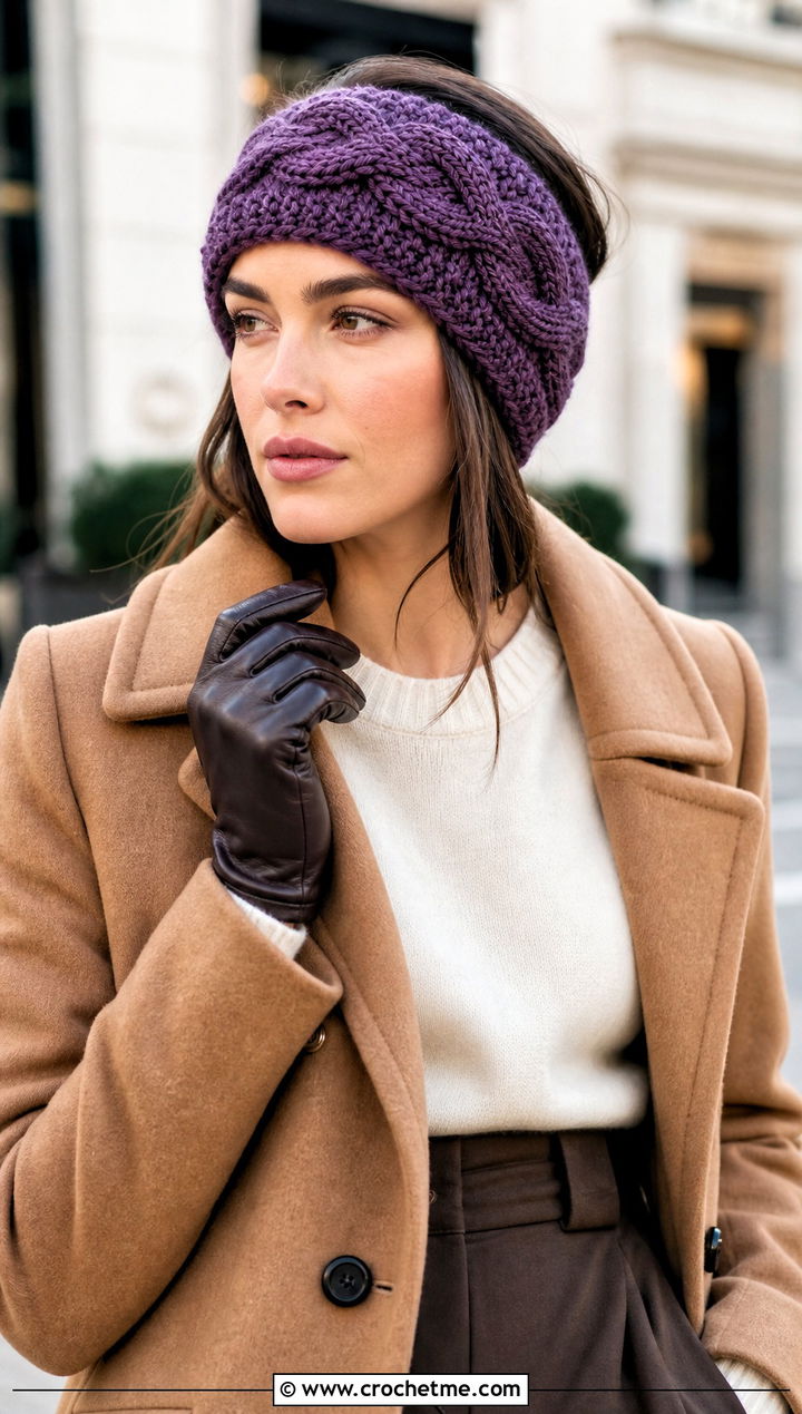 Cable Tunisian Crochet Ear Warmer With Tailored Coat - 30 Tunisian Crochet Ear Warmer outfit ideas