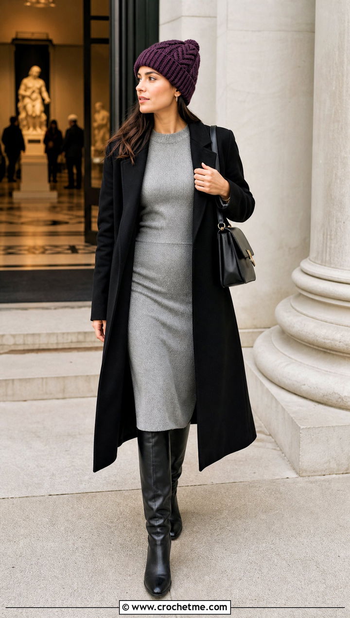 Cable Twist Crochet Beanie With Knit Midi Dress - 35 cute crochet beanies outfit ideas