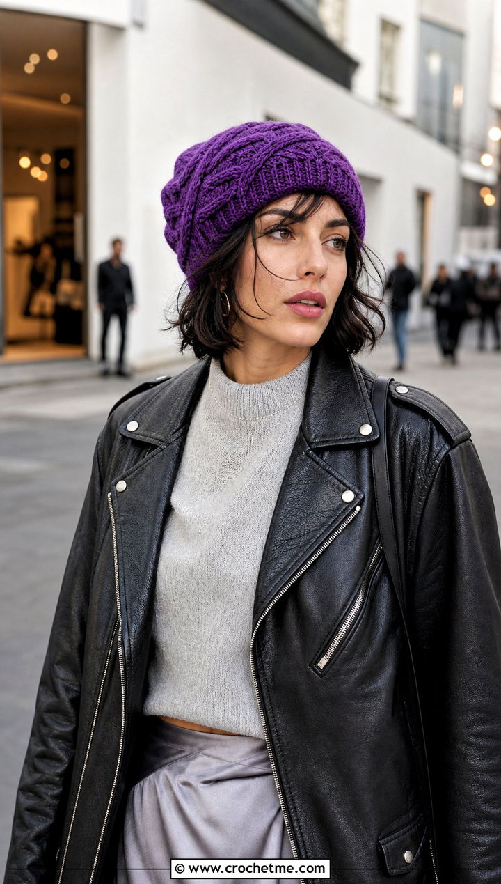 Cable Twist Crochet Slouch Hat With Leather Jacket And Midi Skirt - 25 easy crochet slouch hat outfit ideas