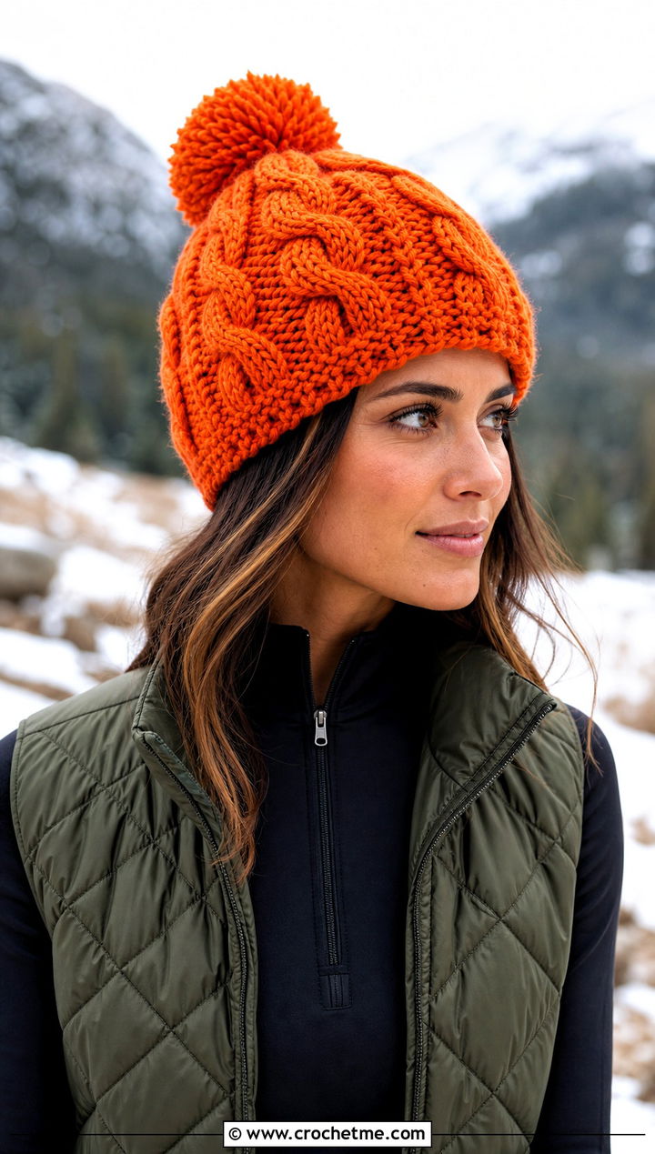 Cable Twist Oversized Crochet Beanie With Quilted Vest - 15 Oversized Crochet Beanie outfit ideas
