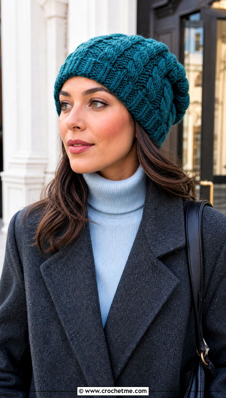 Cable Twist Slouch Crochet Beanie With Wool Coat - 30 slouch crochet beanie outfit ideas
