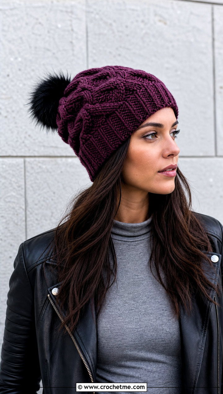 Cable Twist Slouch Crochet Hat With Leather Jacket And Cargo Pants - 15 Crochet Hat With Fur Pom Pom outfit ideas