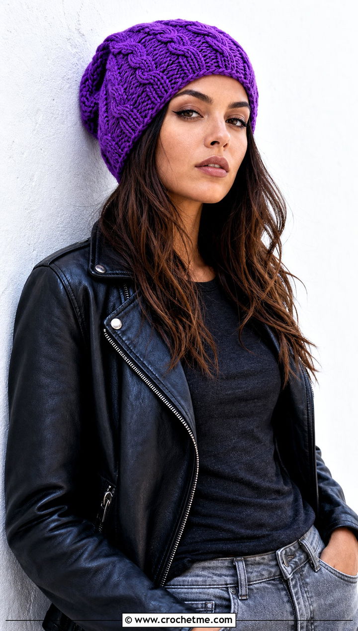 Cable Twist Slouchy Crochet Beanie With Leather Jacket - 15 Crochet Textured Beanie outfit ideas