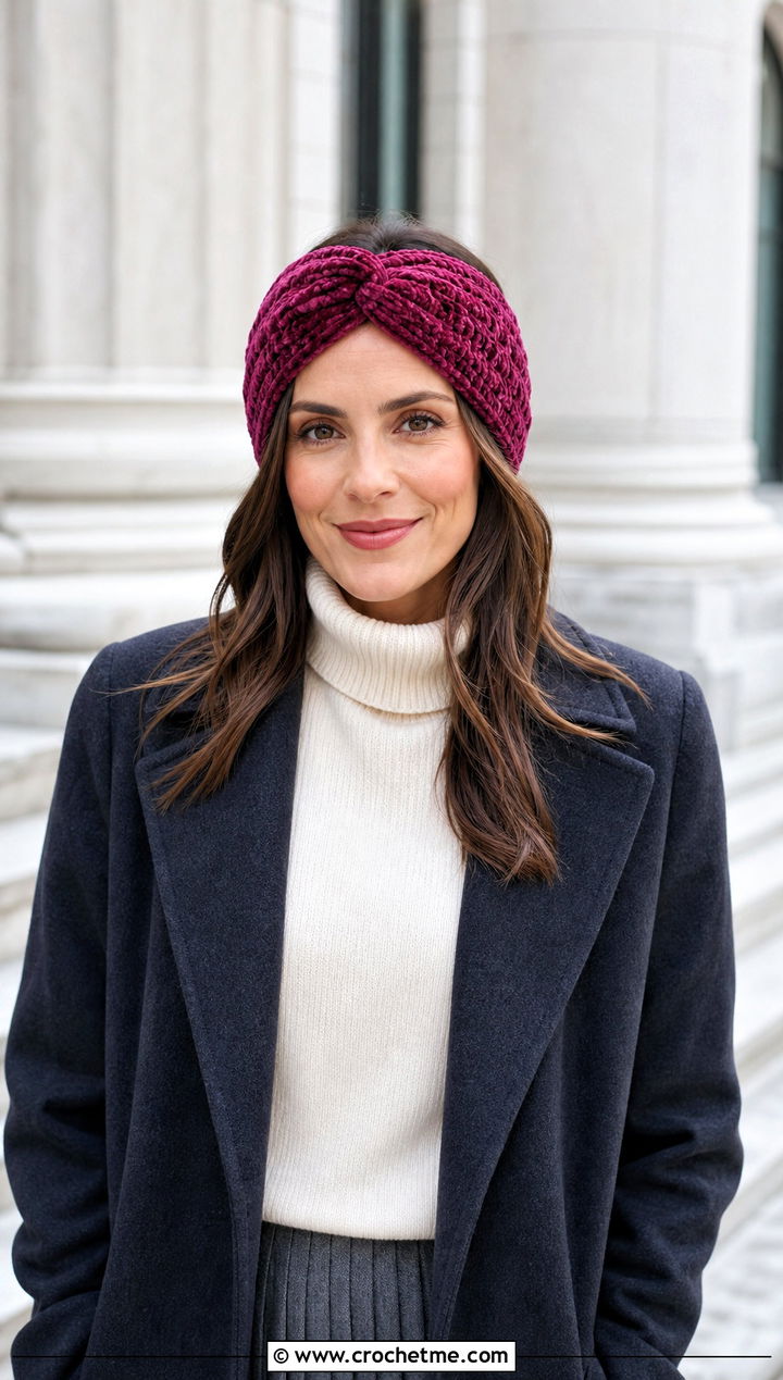 Cable Velvet Twist Crochet Headband With Wool Coat And Pleated Skirt - 20 Velvet Twist Crochet Headband outfit ideas