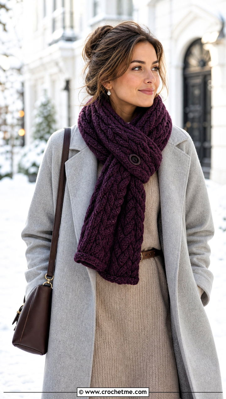 Cabled Crochet Button Hole Scarf With Sweater Dress - 15 Crochet Button Hole Scarf outfit ideas