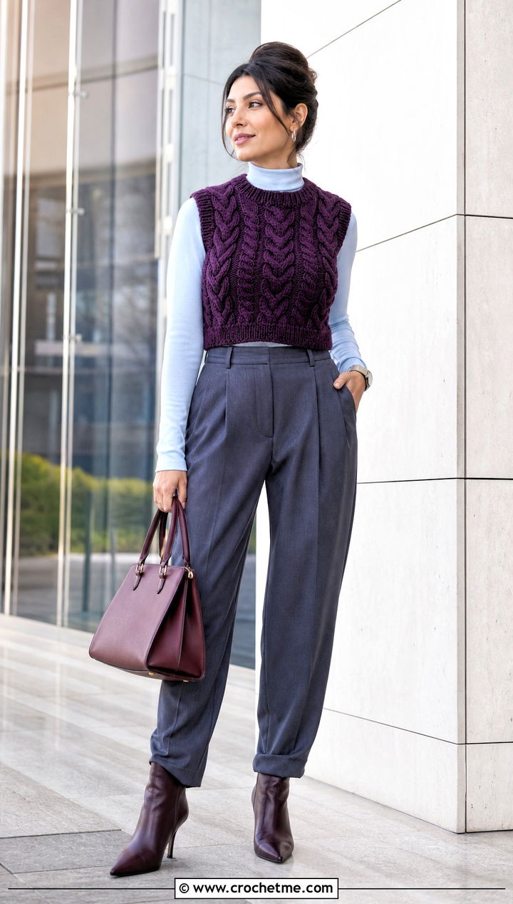 Cabled Crochet Cropped Vest With Pleated Trousers - 15 crochet cropped vest outfit ideas